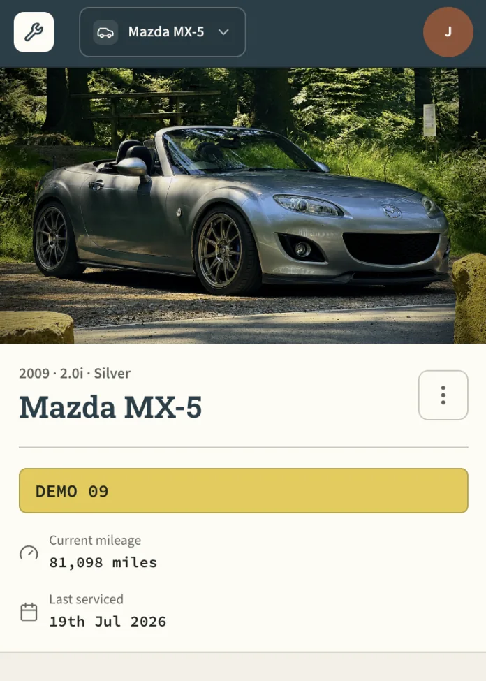 The Garage app showing a Mazda MX-5 and its organised service and MOT history